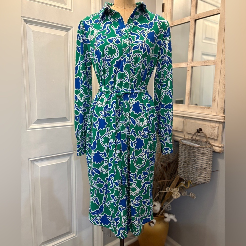 TWRHLL Christie Brinkley Green Blue Floral Long Sleeve Belted Midi Shirt Dress M